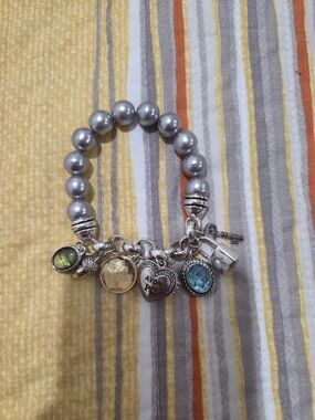 Avon Silver-Tone Gray Pearl Charm Bracelet with Multicolor Gem Accents